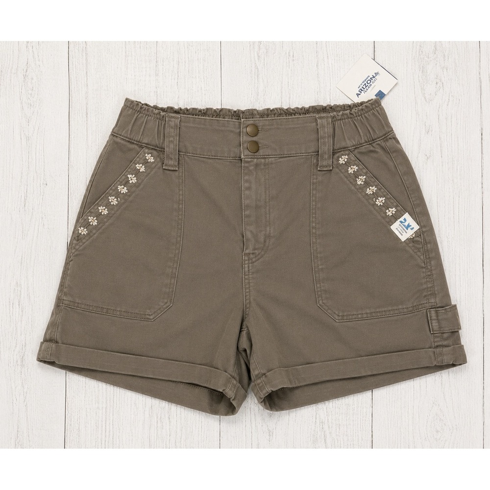 Arizona Jean Co Women Olive Green Daisy Embroidered Utility Shorts Size 5 NWT
